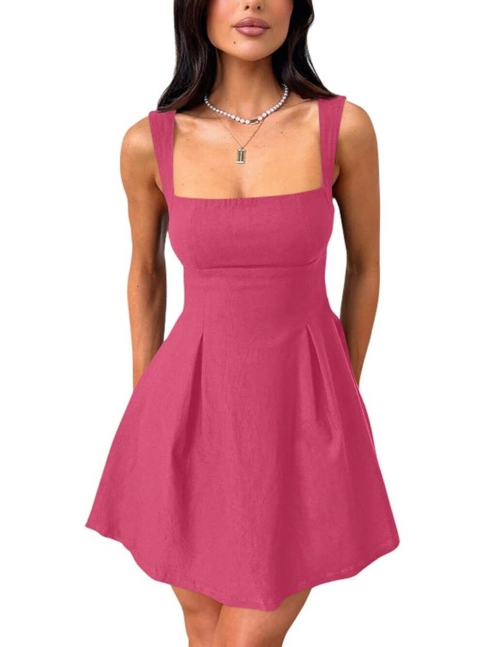 Women's Sleeveless Square Neck Rose Strap Bow Tie A-line Mini Party Club Dress